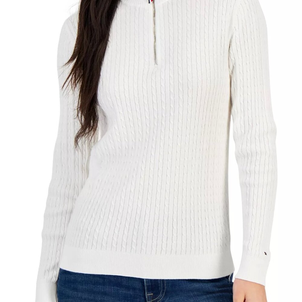Tommy Hilfiger Women's Cotton Mock Turtleneck Cable-Knit Sweater Ivory M